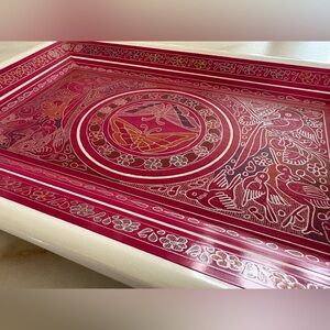Hand carved wood tray with pink bird design